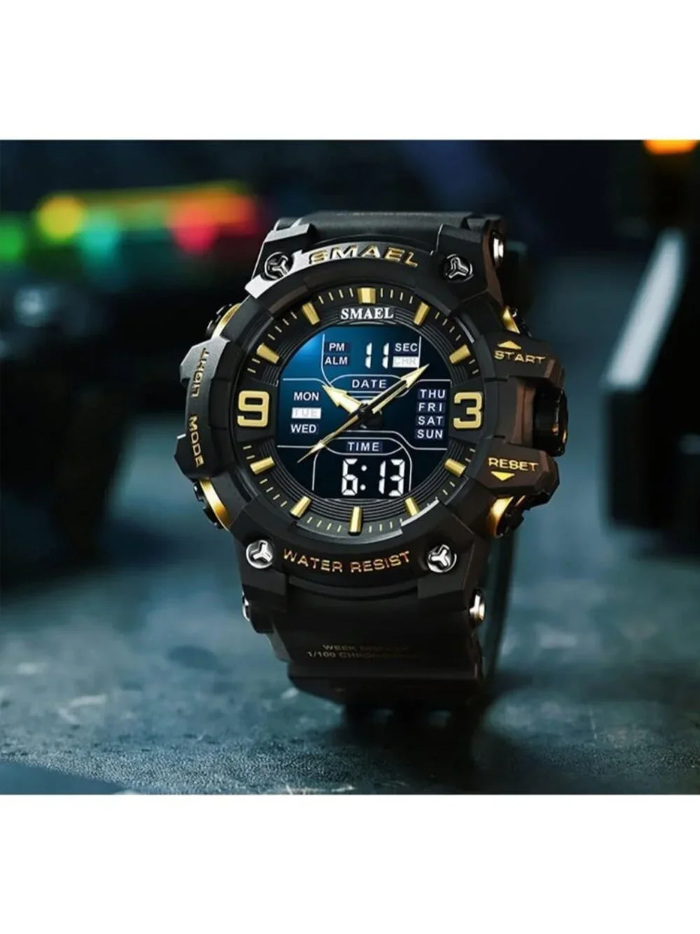 Men Black Gold Analog Quartz S-Shock Waterproof Outdoor Sports LED Digital Watch